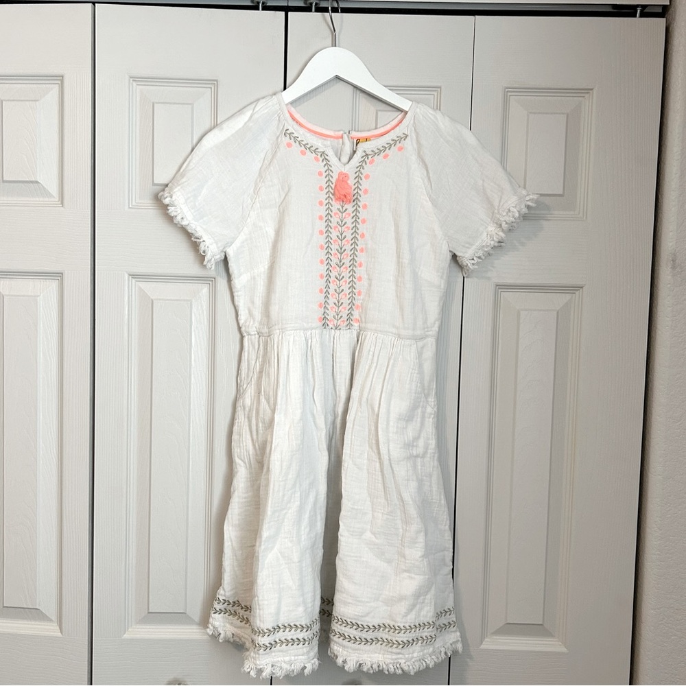 BODEN White & Pink Embroidered Kids Dress Beach Vacation 100% Cotton sz 15/16